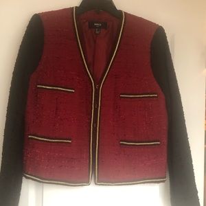Color block blazer with gold chain trimming.